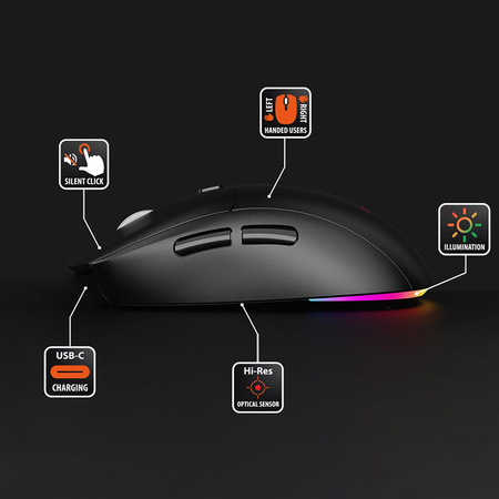 SILENT & RECHARGE - Dualna Bezprzewodowa Mysz Optyczna Bluetooth / RF 2.4GHz. Cichy klik, ładowalna USB-C, 3200dpi, czarna, podswietlenie rainbow.
