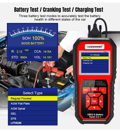 Miernik diagnostyczny, skaner OBD2, tester baterii Konnwei KW870