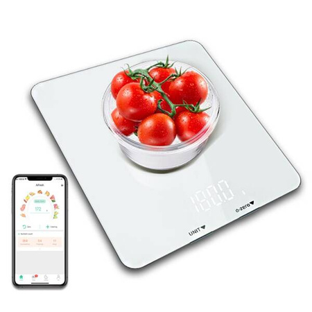 SMART DIET SCALE - Inteligentna waga kuchenna z aplikacją dietetyczną, iOS 8.0 oraz Android 4.4 i nowszymi. Hartowane szkło. wyświetlacz LCD, kompaktowe wymiary, dokładności do +/- 1g.