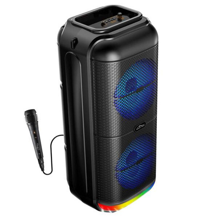 POWER AUDIO TWS - Przenośny głośnik Bluetooth 5.3 z iluminacją typu disco. KARAOKE, radio FM, MP3, 50W RMS / 900W PMPO, akumulator litowo-jonowy. Mikrofon w zestawie.