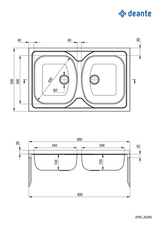 Zlewozmywak stalowy 2-komorowy - nakładany (ZM5 320N) - Deante
