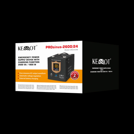 Zasilacz awaryjny KEMOT PROsinus-2600/24 przetwornica z czystym przebiegiem sinusoidalnym i funkcją ładowania 24V 230V 2600VA/1800W - kolor czarny