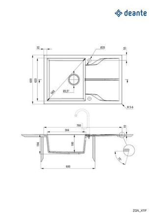 Zlewozmywak granitowy 1-komorowy z ociekaczem - montowany na równi z blatem (ZQN N11F) - Deante