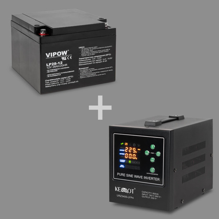 Zasilacz awaryjny KEMOT PROsinus-800-LFP4 przetwornica z czystym przebiegiem sinusoidalnym i funkcją ładowania 12V 230V 800VA/500W