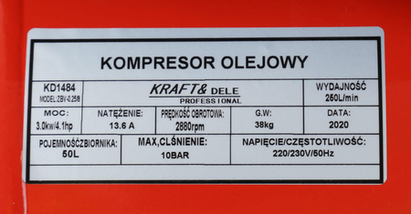 KOMPRESOR OLEJOWY SPRĘŻARKA 50L KD1484 - KRAFT&DELE