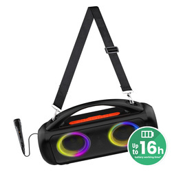 POWER AUDIO PRO - Premium głośnik Bluetooth 5.3/TWS z funkcją KARAOKE. Mocne 60W RMS / 1200W PMPO. Radio FM, MP3, USB. Akumulator litowo-jonowy (czas pracy do 16h!). Wodoodporność IPX5, USB-C. Mikrofon + pasek na ramię w zestawie.