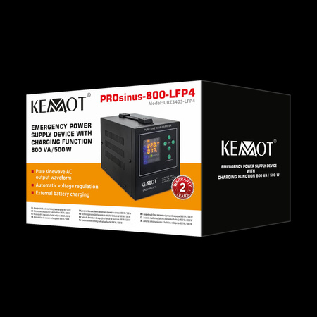 Zasilacz awaryjny KEMOT PROsinus-800-LFP4 przetwornica z czystym przebiegiem sinusoidalnym i funkcją ładowania 12V 230V 800VA/500W