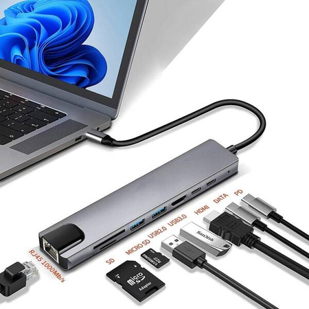 8 in 1 GIGA LAN HUB - Stacja dokująca USB-C. Porty: 1xRJ45 (1000 Mbps), 1xUSB-A 3.0, 1xUSB-A 2.0, 1 x USB-C PD 20V@5A maks. 100W, HDMI 4K, SD, microSD