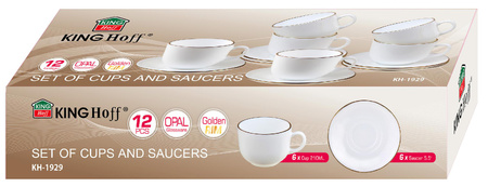 Zestaw filiżanek, 12 el., okrągłe, opal, biały ze złotym zdobieniem, KINGHoff, KH-1929 KH-1929