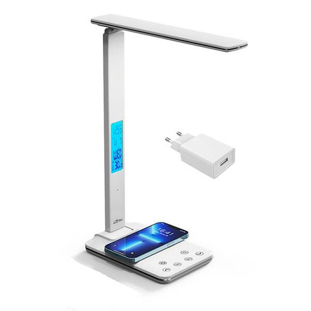 LEDITOU - Energooszczędna lampka biurkowa LED z ładowarką bezprzewodową QI 15W. Podświetlany zegar z budzikiem i termometrem °C/°F, 3 barwy światła, 9 poziomów jasności, sterowanie dotykowe - biały kolor