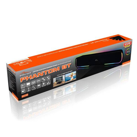 PHANTOM BT - Przenośny głośnik Bluetooth typu soundbar, multikolorowe podświetlenie RGB, RMS 10W, PMPO 450W, radio FM, MP3. AUX, wbudowany akumulator.