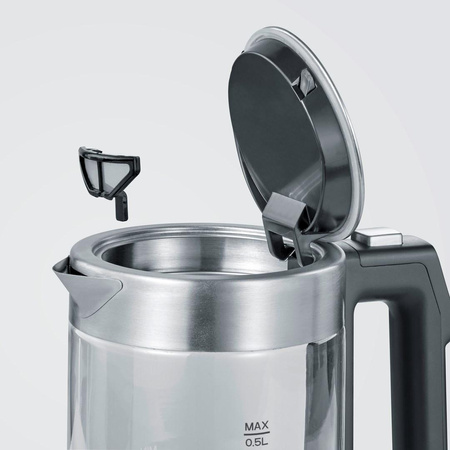 SEVERIN CZAJNIK ELEKTR. SZKŁO-STAL, REG. TEMP. W RĄCZCE, ZAKRES TEMP. 40°C-100°C, POJ. 0,5L, ZAKRYTA GRZAŁKA, 1100W WK3458