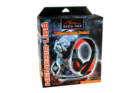 NEMESIS USB - Słuchawki stereo z mikrofonem, złącze USB, pilot na kablu z regulacją dźwięku i mikrofonu, dla graczy