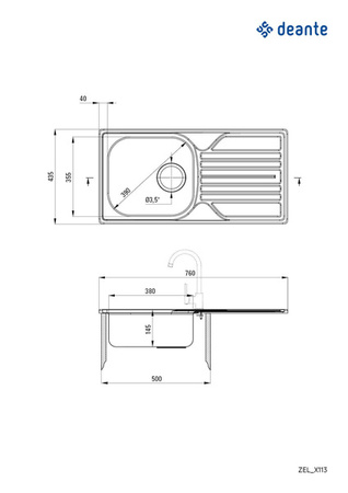 Zlewozmywak stalowy 1-komorowy z ociekaczem - odpływ 3.5" (ZEL 0113) - Deante