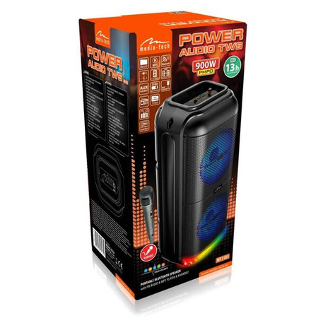 POWER AUDIO TWS - Przenośny głośnik Bluetooth 5.3 z iluminacją typu disco. KARAOKE, radio FM, MP3, 50W RMS / 900W PMPO, akumulator litowo-jonowy. Mikrofon w zestawie.