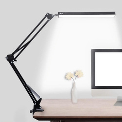 FLEX LAMP - Lampka biurkowa LED z regulowanym wysięgnikiem (kreślarska). 56 diod LED SMD, 5,6W, 3 barwy, 10 poziomów jasności, temperatura światła: 3000-6500K, do 750LUX. Kable 130cm pod USB-A 5V 1A. Mocowana do blatu.