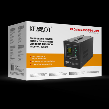 Zasilacz awaryjny KEMOT PROsinus-1500/24-LFP4 przetwornica z czystym przebiegiem sinusoidalnym i funkcją ładowania 24V 230V 1500VA/1050W