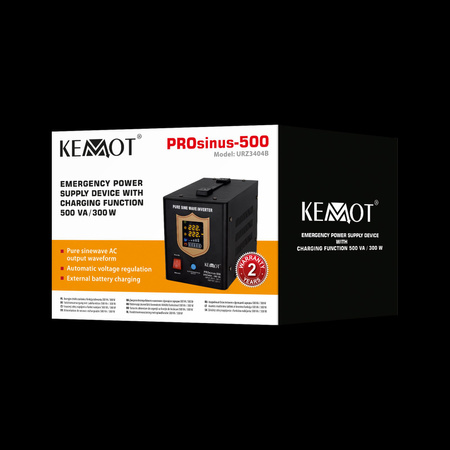 Zasilacz awaryjny KEMOT PROsinus-500 przetwornica z czystym przebiegiem sinusoidalnym i funkcją ładowania 12V 230V 500VA/300W - kolor czarny