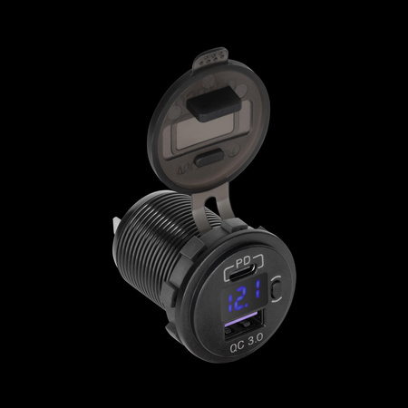 Ładowarka samochodowa USB+USB typu C z funkcją Quick Charge, Power Delivery i miernikiem napięcia 48W