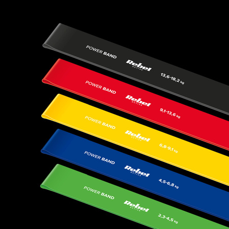 Zestaw gum do ćwiczeń TPE - Mini Band L, 2.3-18.2 kg, 5 gum, kolorowy, REBEL ACTIVE