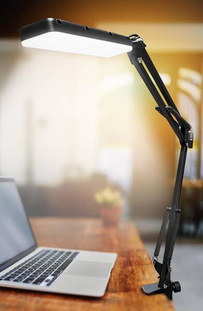 FLEX LAMP - Lampka biurkowa LED z regulowanym wysięgnikiem (kreślarska). 56 diod LED SMD, 5,6W, 3 barwy, 10 poziomów jasności, temperatura światła: 3000-6500K, do 750LUX. Kable 130cm pod USB-A 5V 1A. Mocowana do blatu.