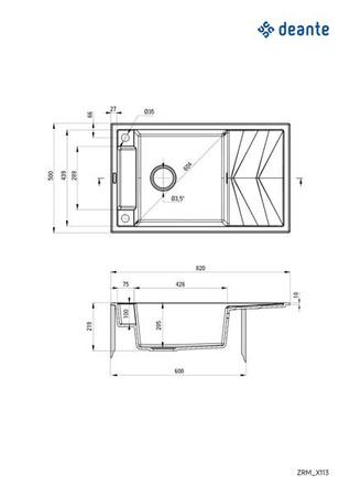 Zlewozmywak granitowy magnetyczny 1-komorowy z ociekaczem (ZRM S113) - Deante