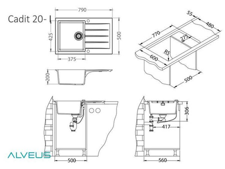 CADIT 20 kol. 81 BETON (790x500) zlew Granital 1 kom. z syfonem POP-UP 3 1/2" ALVEUS (1132025)