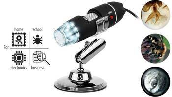 MICROSCOPE USB – Mikroskop USB, rozdzielczość 720p, powiększenie do 500x, podświetlenie wokół obiektywu, uchwyt, współpraca z komputerami PC