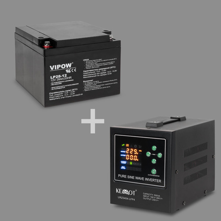 Zasilacz awaryjny KEMOT PROsinus-500-LFP4 przetwornica z czystym przebiegiem sinusoidalnym i funkcją ładowania 12V 230V 500VA/300W