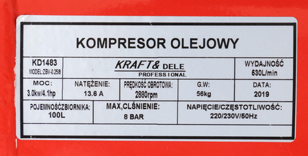 KOMPRESOR OLEJOWY SPRĘŻARKA 100L KD1483 - KRAFT&DELE