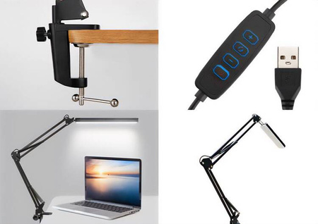 FLEX LAMP - Lampka biurkowa LED z regulowanym wysięgnikiem (kreślarska). 56 diod LED SMD, 5,6W, 3 barwy, 10 poziomów jasności, temperatura światła: 3000-6500K, do 750LUX. Kable 130cm pod USB-A 5V 1A. Mocowana do blatu.