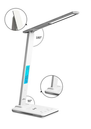 LEDITOU - Energooszczędna lampka biurkowa LED z ładowarką bezprzewodową QI 15W. Podświetlany zegar z budzikiem i termometrem °C/°F, 3 barwy światła, 9 poziomów jasności, sterowanie dotykowe - biały kolor