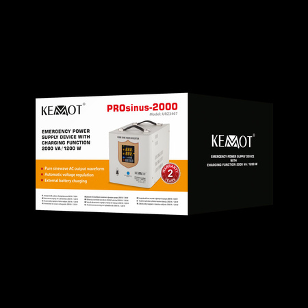 Zasilacz awaryjny KEMOT PROsinus-2000 przetwornica z czystym przebiegiem sinusoidalnym i funkcją ładowania 12V 230V 2000VA/1200W