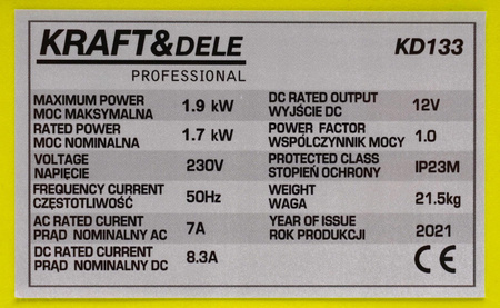 Agregat prądotwórczy inwertorowy 1,9kW KD133 - KRAFT&DELE