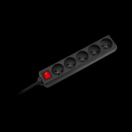 Przedłużacz sieciowy Rebel czarny 5 gniazd z przełącznikiem, kabel 5m (1,5mm)