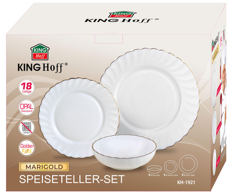Zestaw talerzy, 18 el., opal, biały ze złotym zdobieniem, seria MARIGOLD, KINGHoff, KH-1921 KH-1921