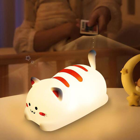 POKKY Happy Kitty - Silikonowa, multikolorowa lampka nocna z akumulatorem. Steruj za pomocą klepnięcia lub dostarczonym pilotem. 17 kolorów, 3 poziomy jasności, timer czasowy. USB do ładowania.