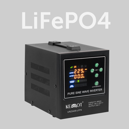 Zasilacz awaryjny KEMOT PROsinus-800-LFP4 przetwornica z czystym przebiegiem sinusoidalnym i funkcją ładowania 12V 230V 800VA/500W