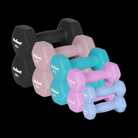 Hantelki żeliwne neoprenowe HEX zestaw 30kg (2x1kg+2x2kg+2x3kg+2x4kg+2x5kg), REBEL ACTIVE