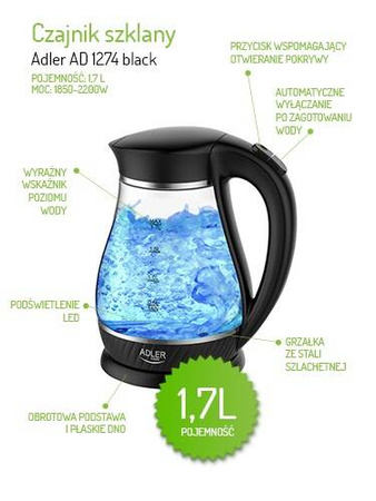 AD 1274 black Czajnik szklany 1,7L