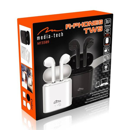 R-PHONES TWS - Słuchawki douszne Bluetooth 4.2 z technologią TWS, w komplecie powerbank/ładowarka z akumulatorem 350mAh, białe