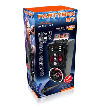 PARTYBOX - Kompaktowy głośnik Bluetooth stereo z wbudowanym wooferem, 800W PMPO, karaoke, FM, MP3. Wbudowany akumultaor LiIon, pilot, LED