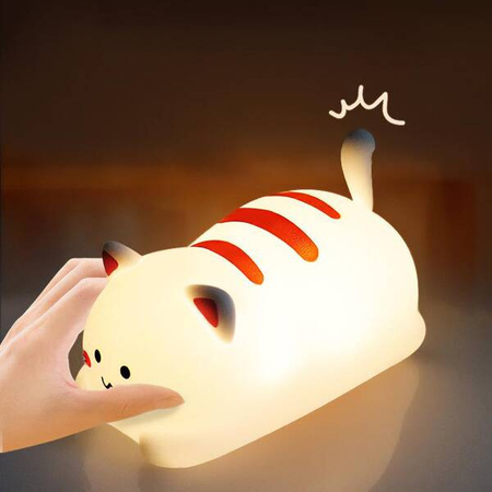 POKKY Happy Kitty - Silikonowa, multikolorowa lampka nocna z akumulatorem. Steruj za pomocą klepnięcia lub dostarczonym pilotem. 17 kolorów, 3 poziomy jasności, timer czasowy. USB do ładowania.