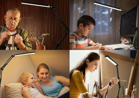 FLEX LAMP - Lampka biurkowa LED z regulowanym wysięgnikiem (kreślarska). 56 diod LED SMD, 5,6W, 3 barwy, 10 poziomów jasności, temperatura światła: 3000-6500K, do 750LUX. Kable 130cm pod USB-A 5V 1A. Mocowana do blatu.