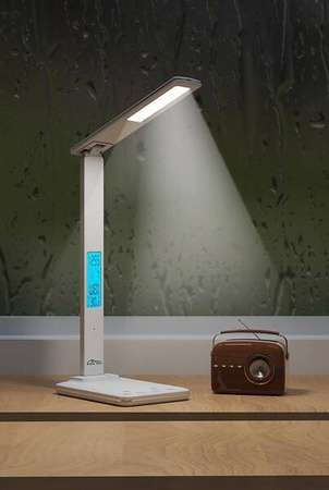 LEDITOU - Energooszczędna lampka biurkowa LED z ładowarką bezprzewodową QI 15W. Podświetlany zegar z budzikiem i termometrem °C/°F, 3 barwy światła, 9 poziomów jasności, sterowanie dotykowe - biały kolor