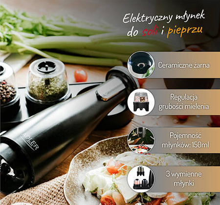 AD 4449 black Młynek do przypraw, soli i pieprzu - Zestaw 3 młynków  - USB
