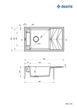 Zlewozmywak granitowy magnetyczny 1-komorowy z ociekaczem (ZRM G113) - Deante
