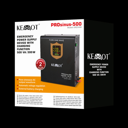 Zasilacz awaryjny naścienny KEMOT PROsinus-500 przetwornica z czystym przebiegiem sinusoidalnym i funkcją ładowania 12V 230V 500VA/300W