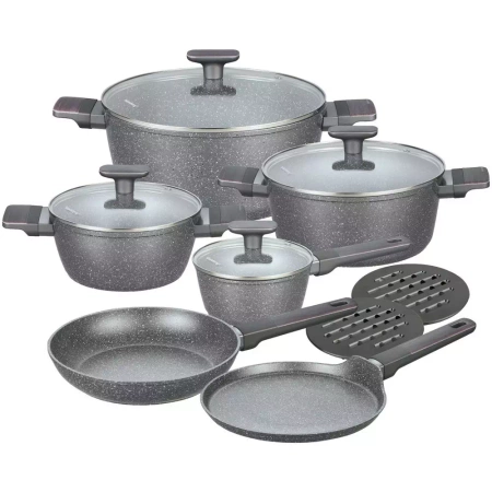Garnki w zestawie, 12 elementów, z powłoką nieprzywieralną, szare z drewnianymi uchwytami, Klausberg, KB-7832 KB-7832