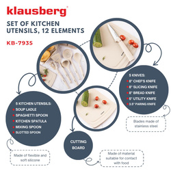 Zestaw noży i przyborów kuchennych z deską, 12 elementów, kolor beżowy, Klausberg, KB-7935 KB-7935